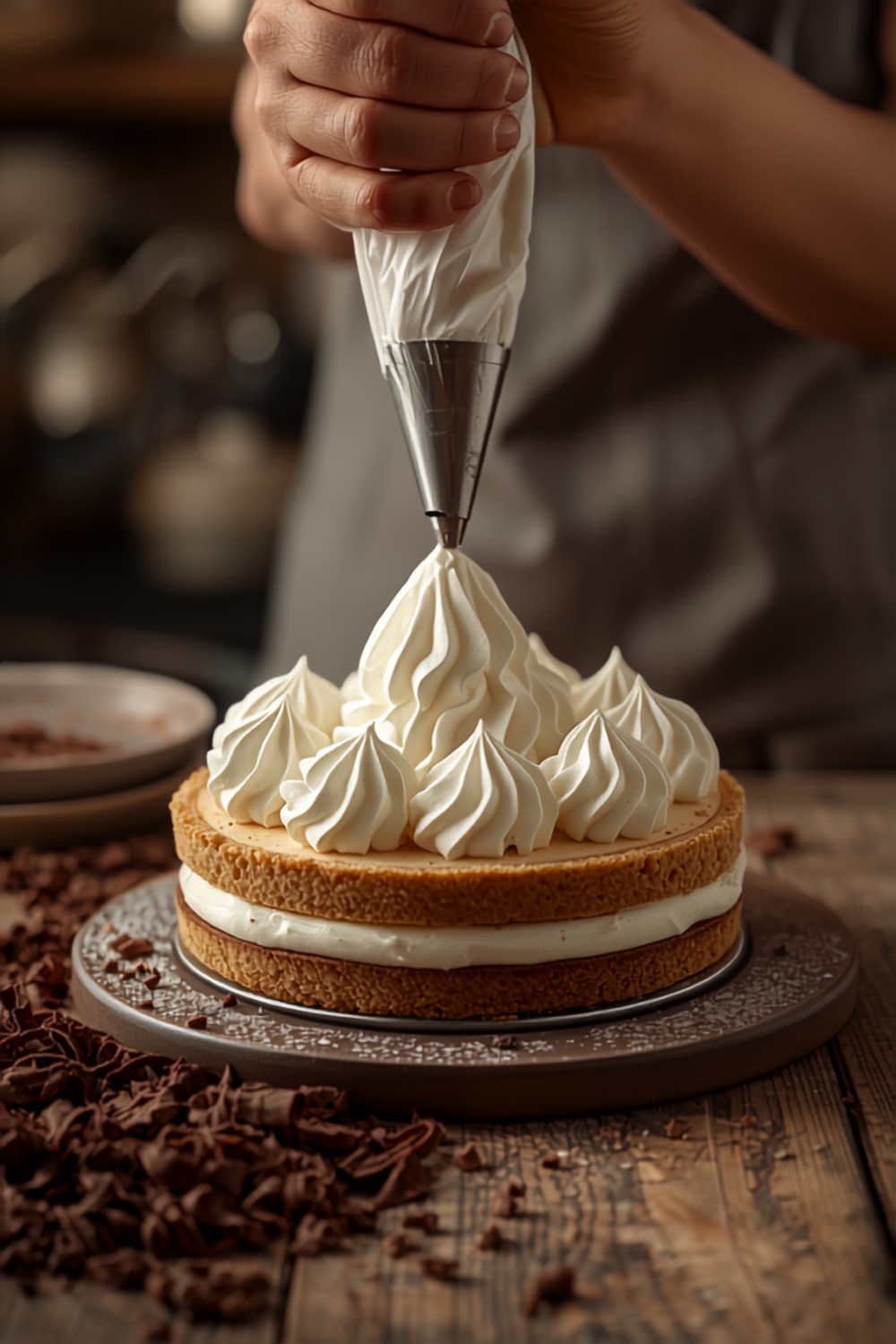 Aplicação de chantilly com saco de confeitar sobre torta Decoração com chantilly aplicado com saco de confeitar, ilustrando o uso na finalização de tortas
