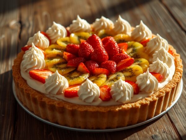 Torta gelada decorada com morangos frescos e chantilly em mesa rústica
