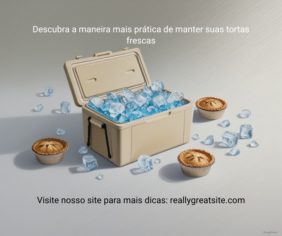 Caixa térmica com gelo reciclo ao redor da torta Caixa térmica aberta com gelo reciclo posicionado ao redor da caixa da torta gelada