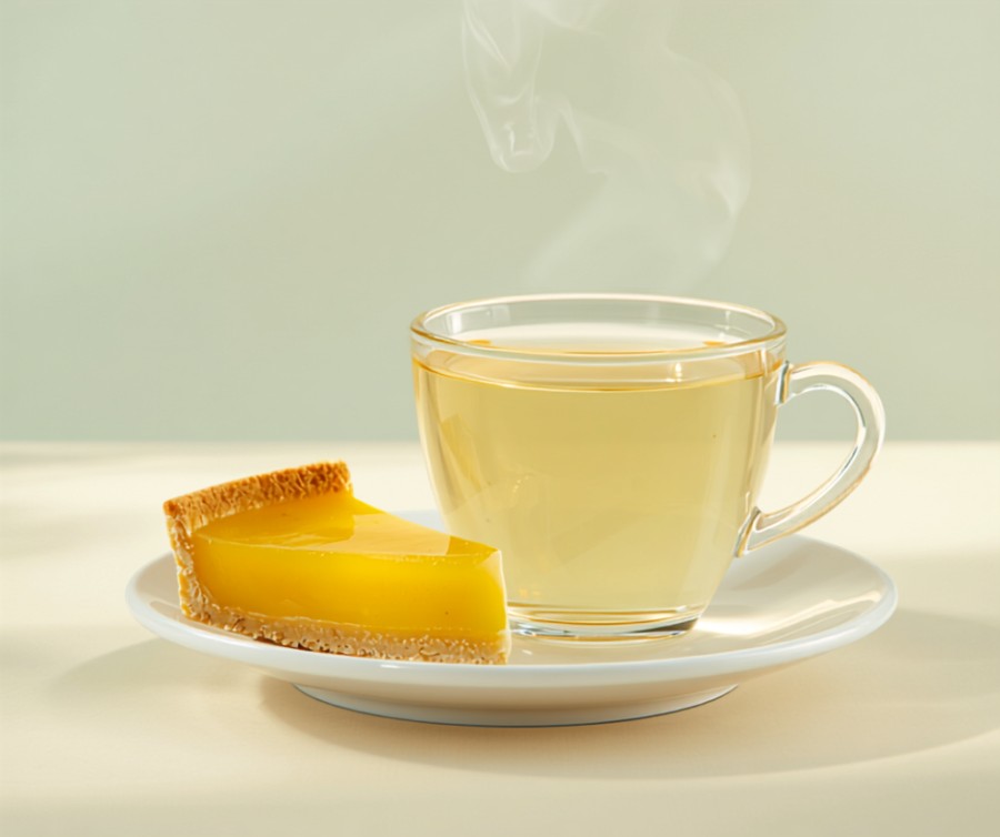 Chá branco combinando com torta de limão Chá branco servido em xícara transparente ao lado de fatia de torta de limão