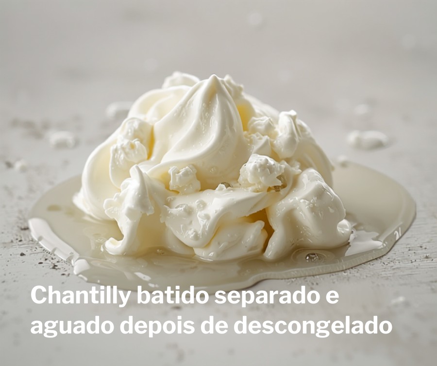Chantilly separado e aguado após descongelar Chantilly batido separado e aguado depois de ser congelado e descongelado
