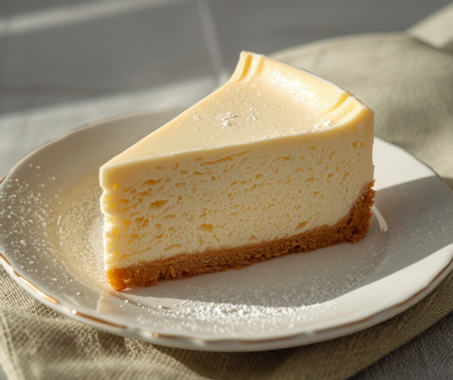 Fatia de cheesecake com base de biscoito Fatia de cheesecake cremoso com base de biscoito em prato de porcelana