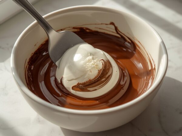 Espátula incorporando clara em neve à massa de chocolate com movimentos delicados