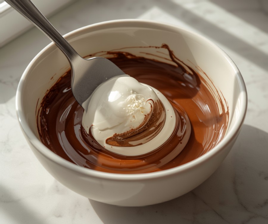 Espátula incorporando ponto de suspiro à massa com movimentos delicados Ponto de suspiro pronto sendo incorporado a uma massa de chocolate com movimentos delicados