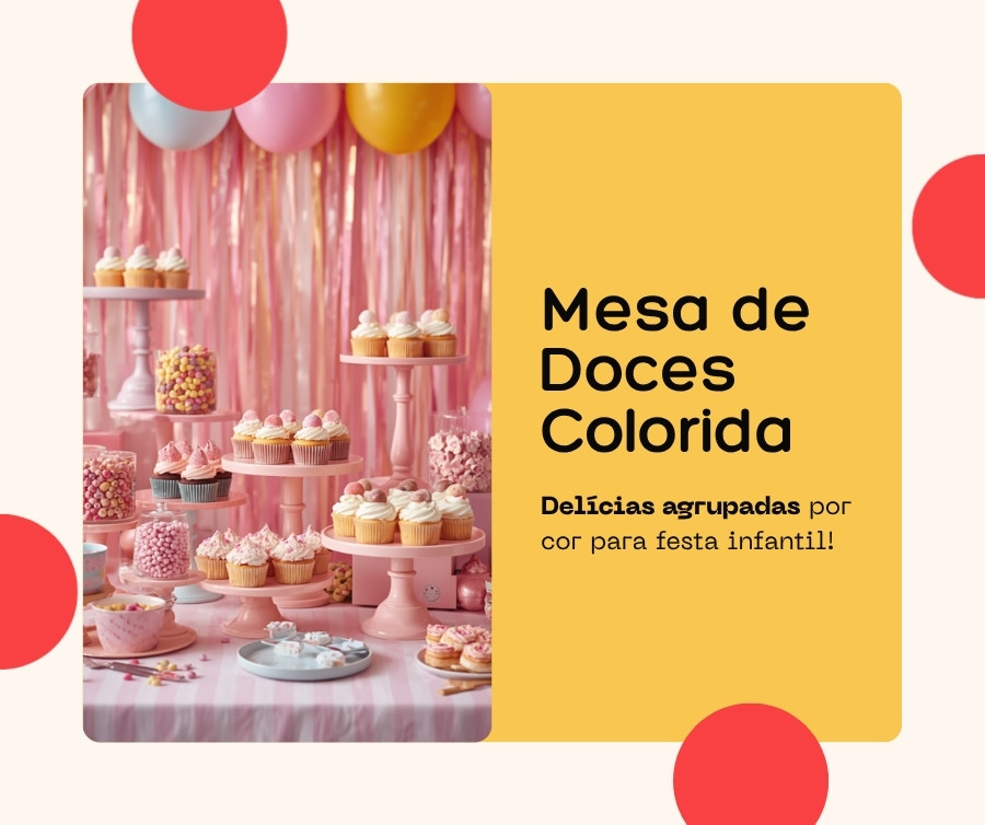 Mesa de doces organizada com alturas variadas Mesa de doces de festa infantil organizada com suportes de alturas diferentes