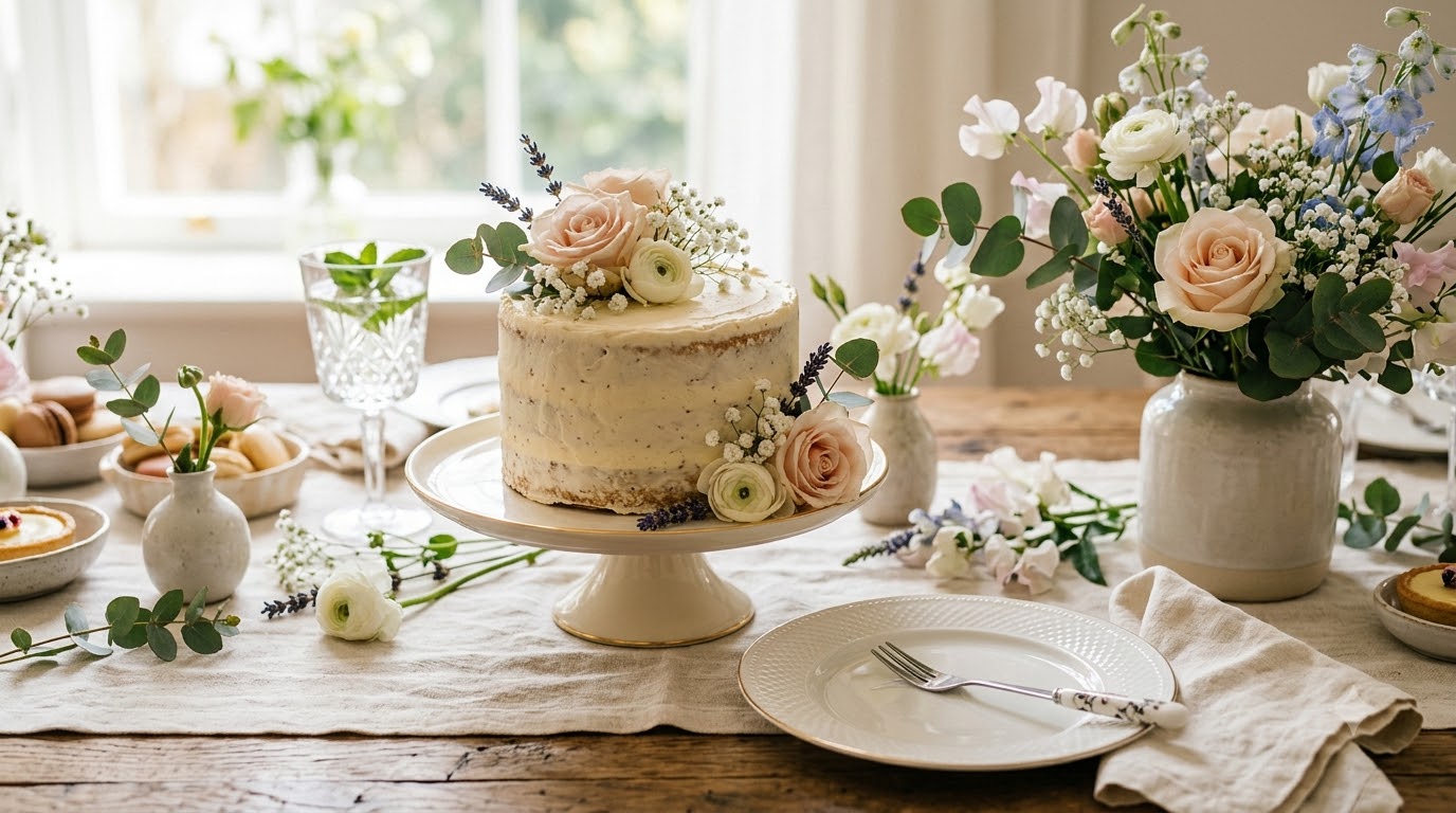 decoração e louça da mesa de doces elegante